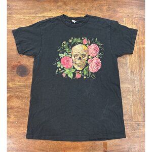 Vintage Optima Black T-Shirt With Skull & Roses Embroidery Mens M 100% Cotton